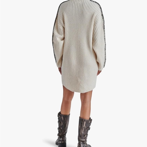 Steve Madden Women's Gemma Dress Ribbed Mock Neck White Black Stitching - Picture 4 of 8